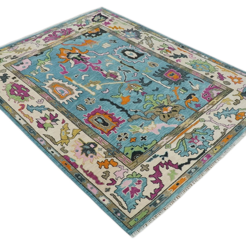 8x10 Traditional Blue and Ivory Vibrant colorful Hand knotted oushak wool area rug