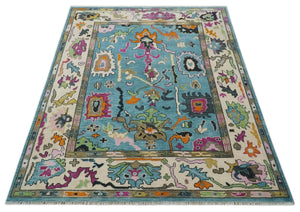 8x10 Traditional Blue and Ivory Vibrant colorful Hand knotted oushak wool area rug