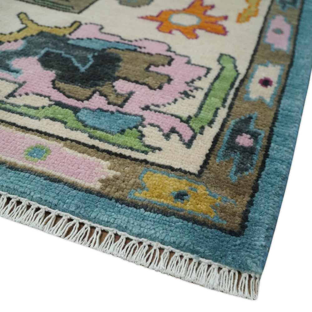 8x10 Traditional Blue and Ivory Vibrant colorful Hand knotted oushak wool area rug