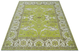 8x10 Traditional Light Green, Ivory and Charcoal Antique Style Hand knotted Wool Area Rug