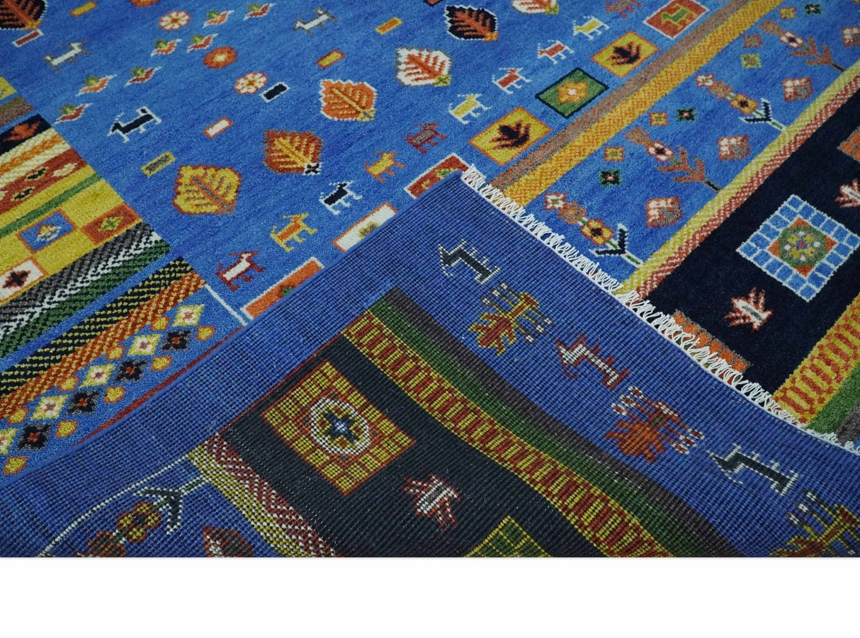 8x10 Tribal Gabbeh Blue, Black, Green and Rust Hand knotted Traditional Wool Area Rug