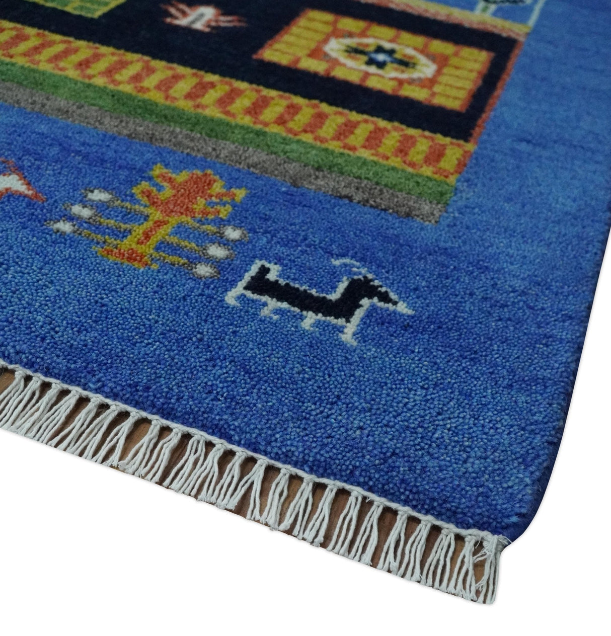 8x10 Tribal Gabbeh Blue, Black, Green and Rust Hand knotted Traditional Wool Area Rug