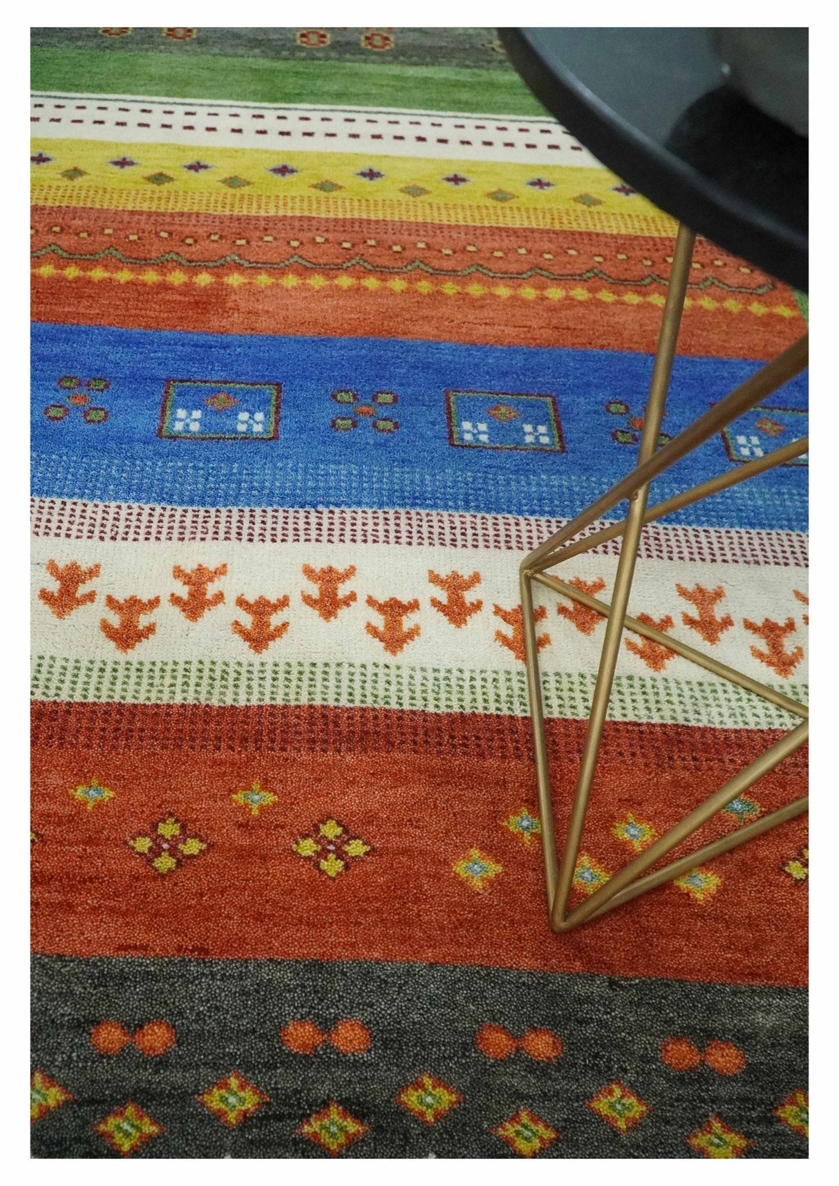 8x10 Tribal Gabbeh Green, Rust, Blue and Gold Hand knotted  Traditional Wool Area Rug