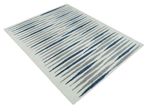 8x10 Hand Tufted White, Blue and Camel Modern Stripe Wool Area Rug