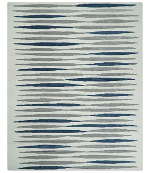 8x10 Hand Tufted White, Blue and Camel Modern Stripe Wool Area Rug