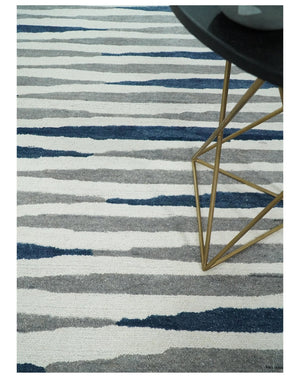 8x10 Hand Tufted White, Blue and Camel Modern Stripe Wool Area Rug