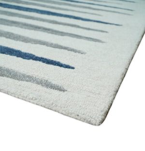 8x10 Hand Tufted White, Blue and Camel Modern Stripe Wool Area Rug