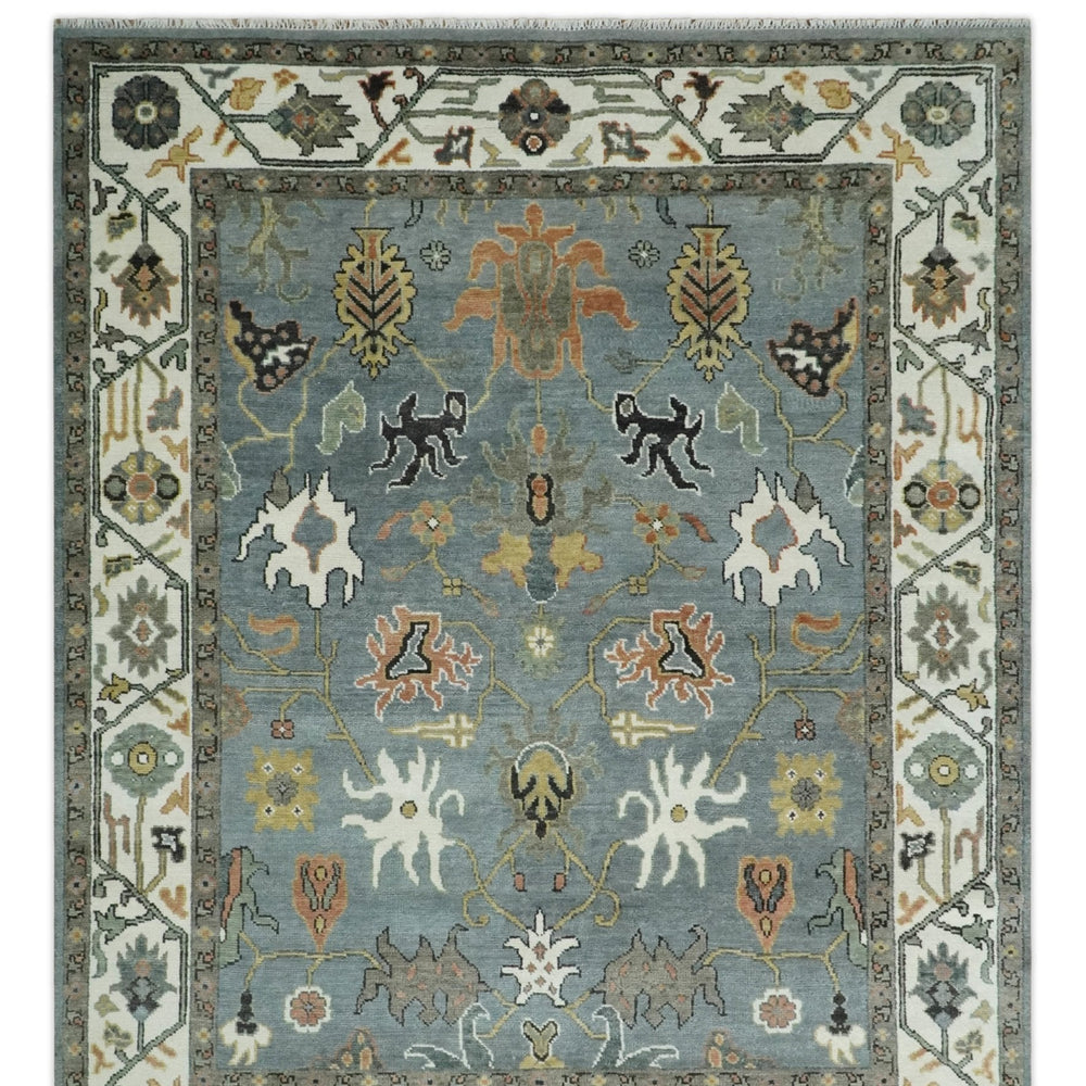 8x10 Wool Traditional Ivory and Gray Vibrant Colorful Hand knotted Oushak Area Rug | TRDCP1304810