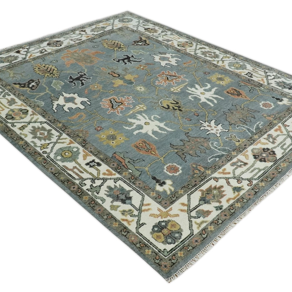 8x10 Wool Traditional Ivory and Gray Vibrant Colorful Hand knotted Oushak Area Rug | TRDCP1304810