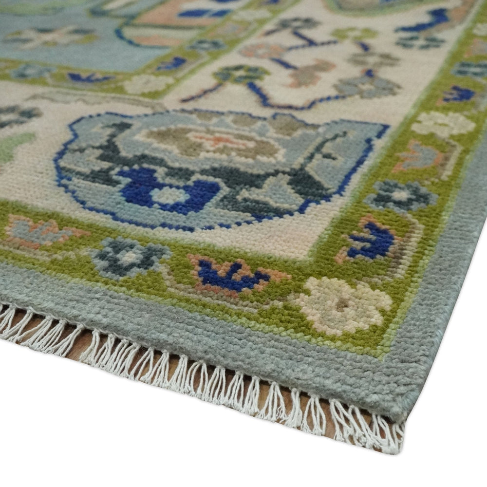 8x10 wool Vibrant Colorful Silver, Green and Light Peach Hand knotted Oushak Area Rug