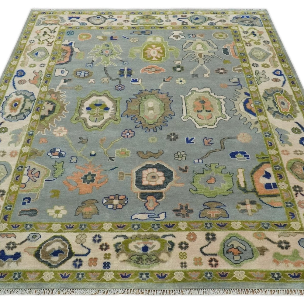 8x10 wool Vibrant Colorful Silver, Green and Light Peach Hand knotted Oushak Area Rug