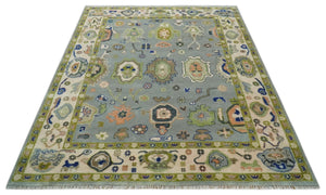8x10 wool Vibrant Colorful Silver, Green and Light Peach Hand knotted Oushak Area Rug