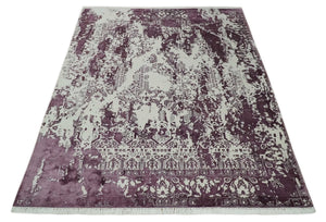 8x11 Beige and Dark Purple Modern Abstract Hand Knotted Wool Area Rug