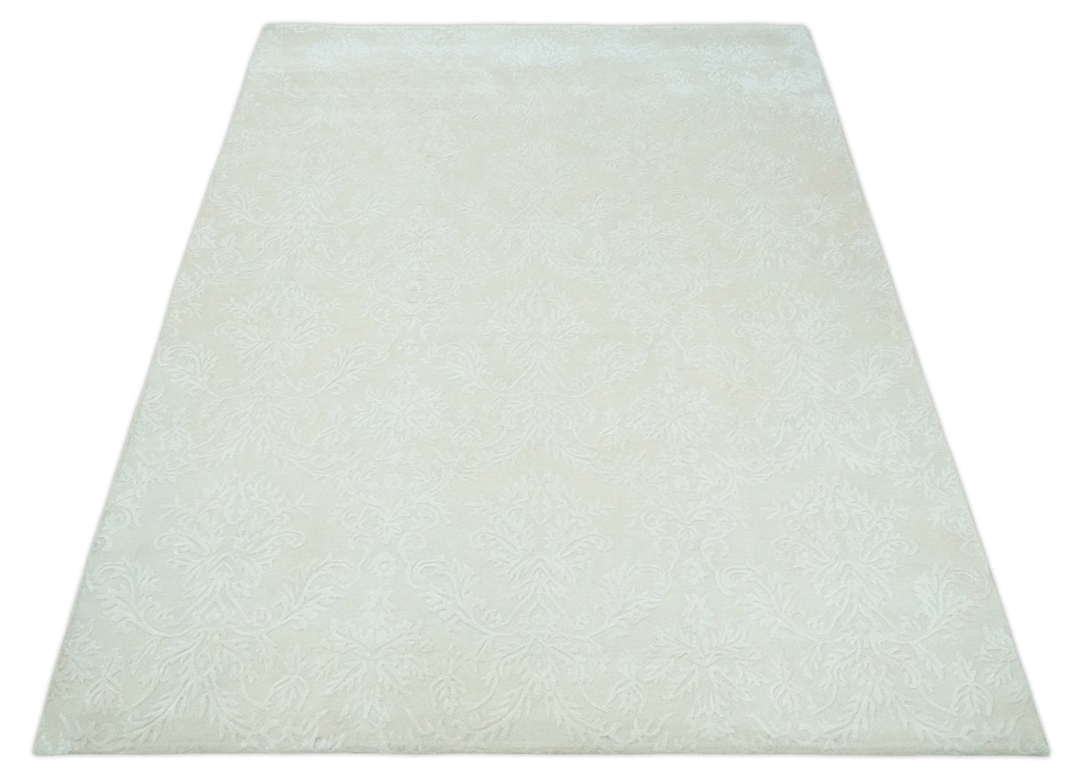 8x11 Beige and Silver Hand Woven and Carved Modern Art Silk Area Rug