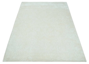 8x11 Beige and Silver Hand Woven and Carved Modern Art Silk Area Rug