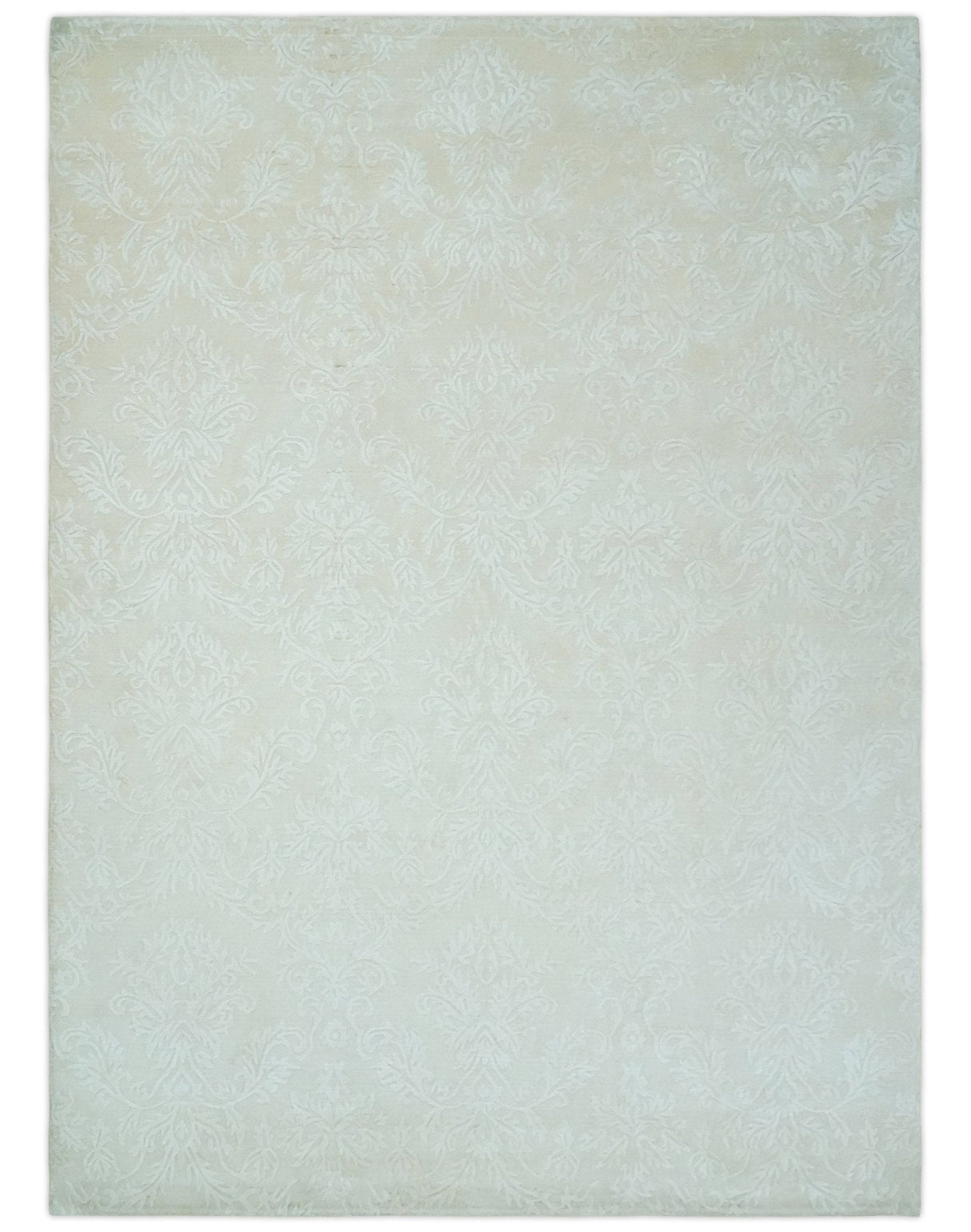 8x11 Beige and Silver Hand Woven and Carved Modern Art Silk Area Rug