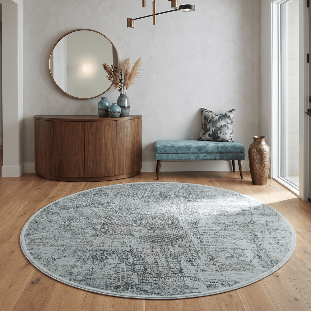 8x8 Round Beige, Gray and Charcoal Antique Finish Vintage look Art Silk Area Rug