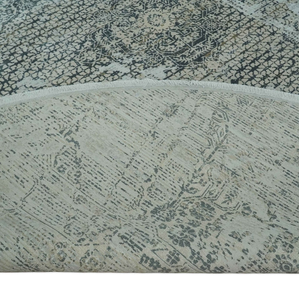 8x8 Round Beige, Gray and Charcoal Antique Finish Vintage look Art Silk Area Rug