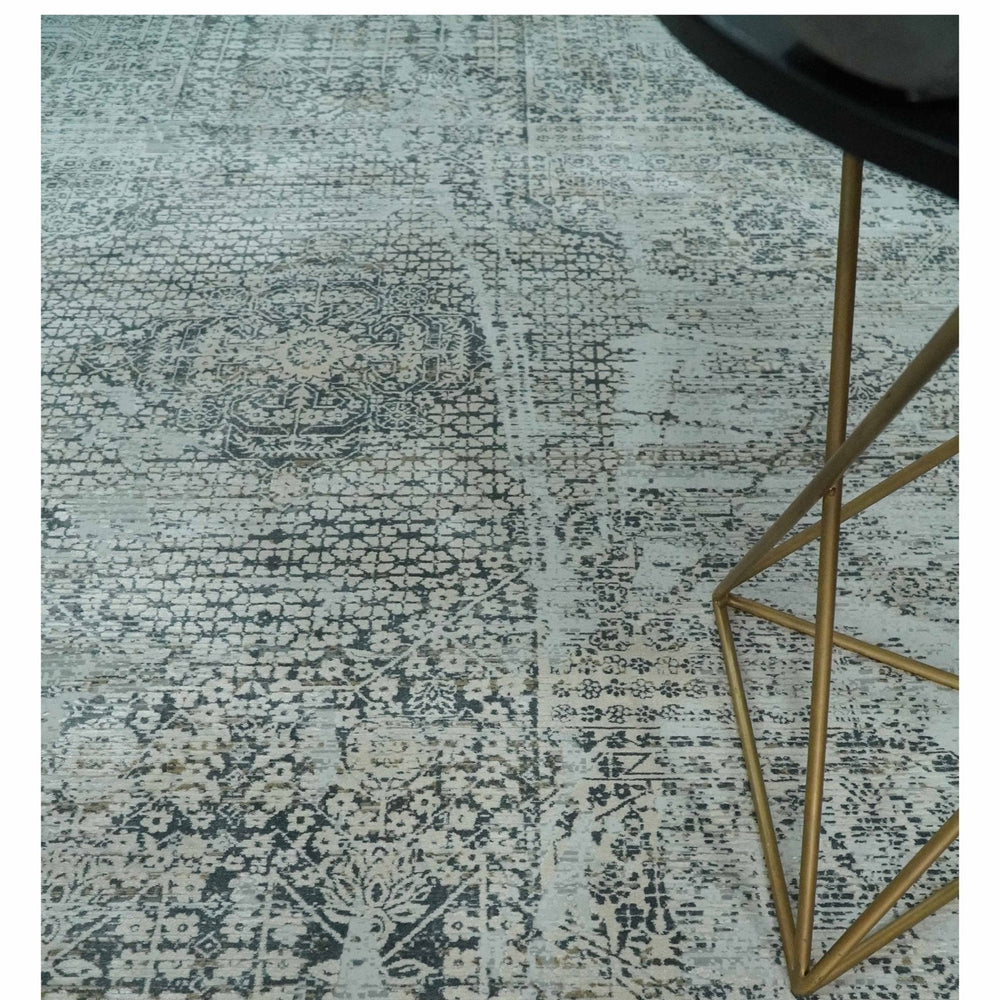 8x8 Round Beige, Gray and Charcoal Antique Finish Vintage look Art Silk Area Rug