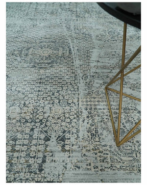 8x8 Round Beige, Gray and Charcoal Antique Finish Vintage look Art Silk Area Rug