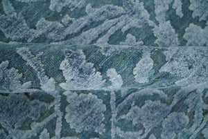 8x9.7 Blue Antique Style, Distressed Finish Hand Carved Traditional Medalian Hand Knotted Wool and Silk Rug