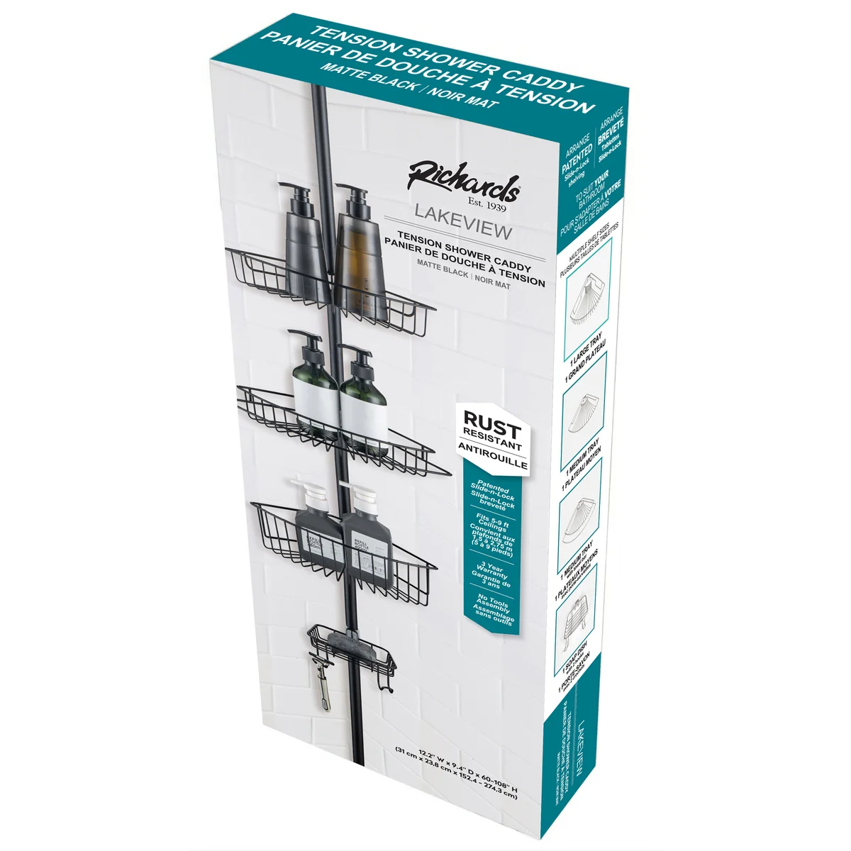 4 Tier Rustproof Shower Caddy Corner Organizer With Adjustable Shelves and Tension Pole