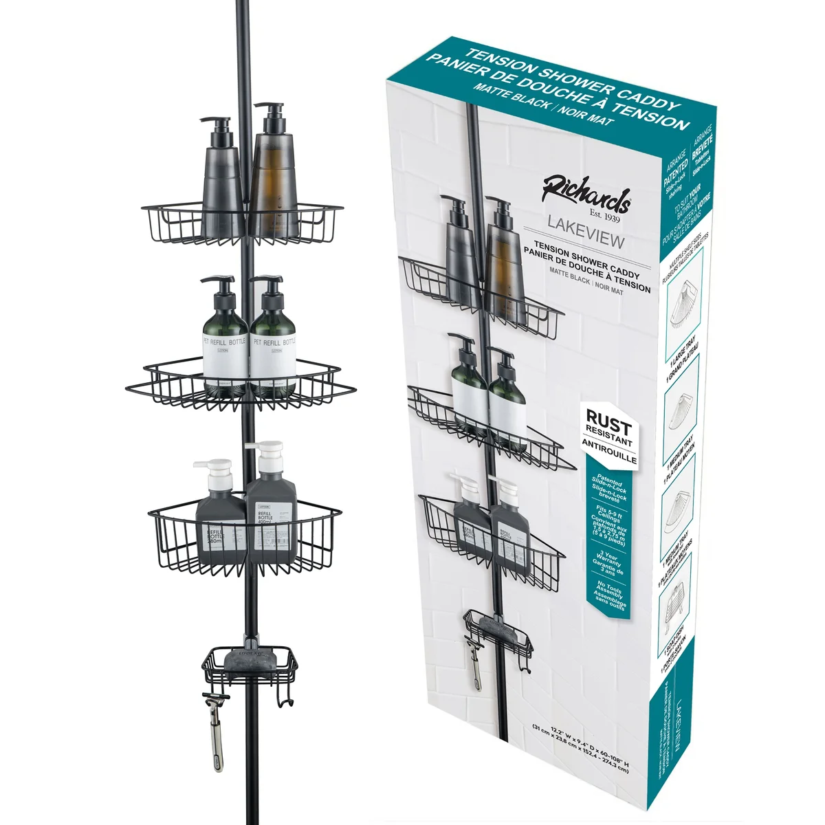 4 Tier Rustproof Shower Caddy Corner Organizer With Adjustable Shelves and Tension Pole