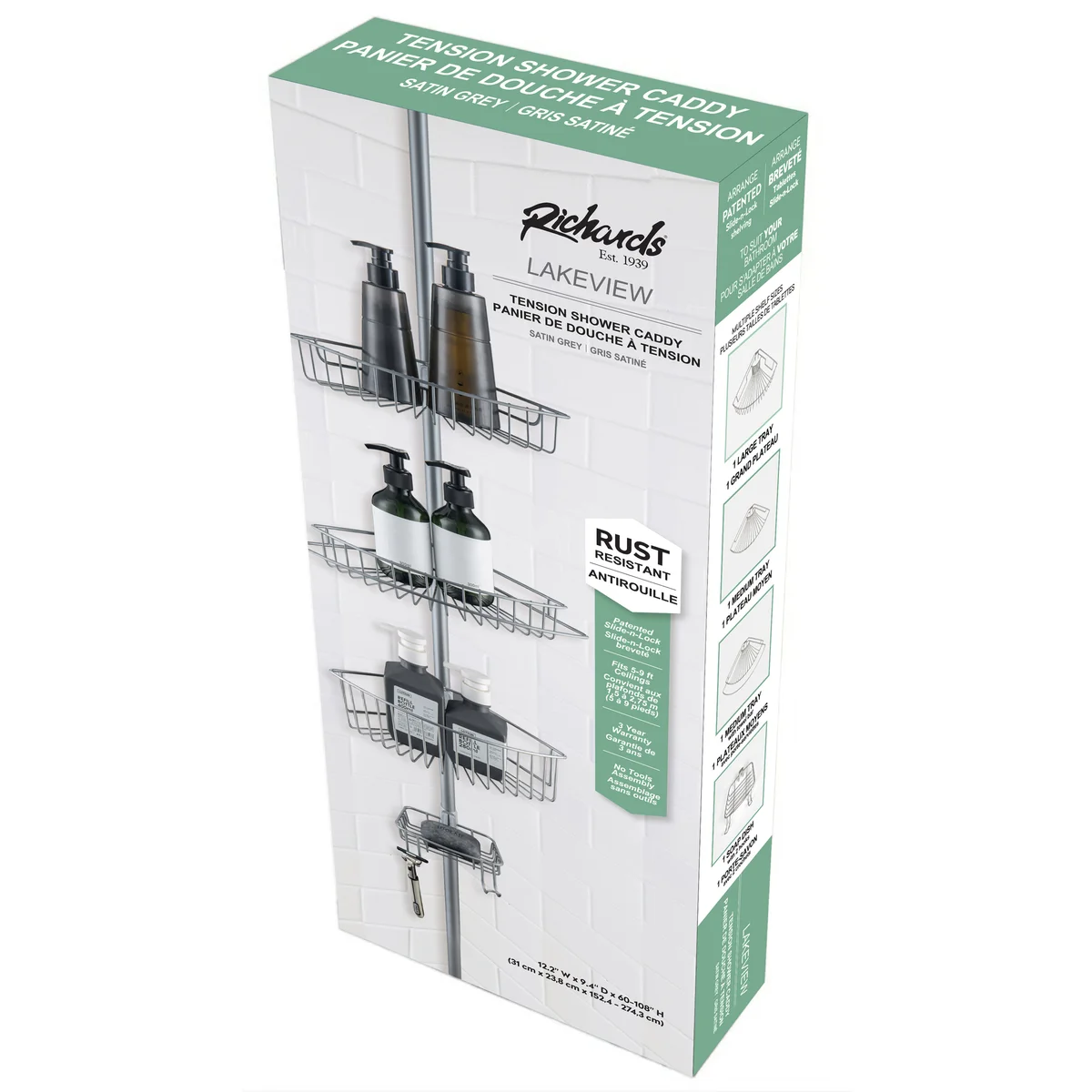 4 Tier Rustproof Shower Caddy Corner Organizer With Adjustable Shelves and Tension Pole