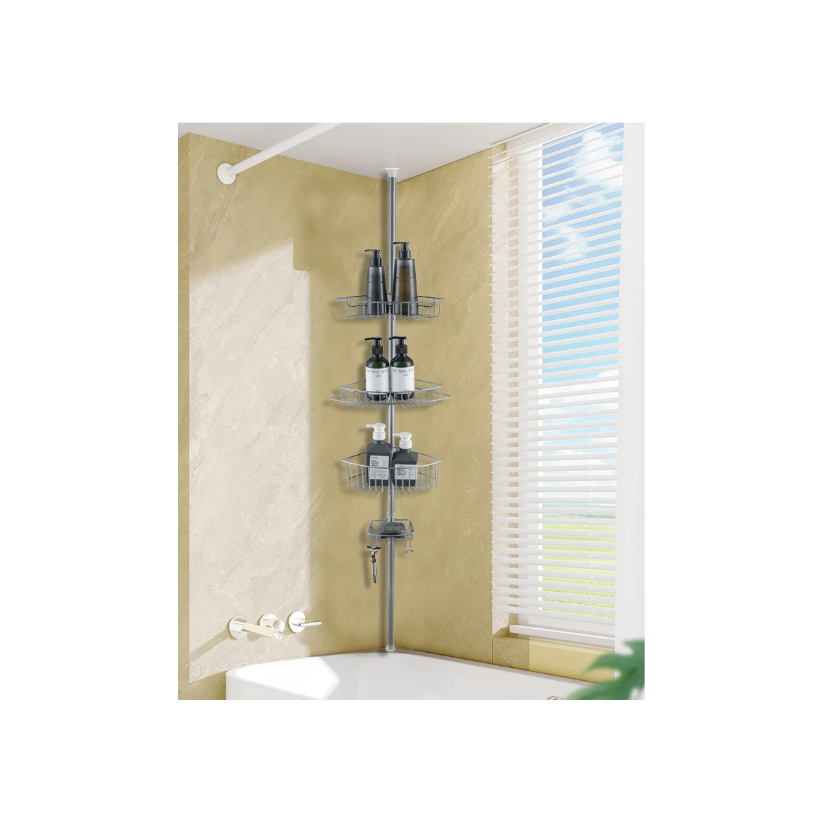 4 Tier Rustproof Shower Caddy Corner Organizer With Adjustable Shelves and Tension Pole