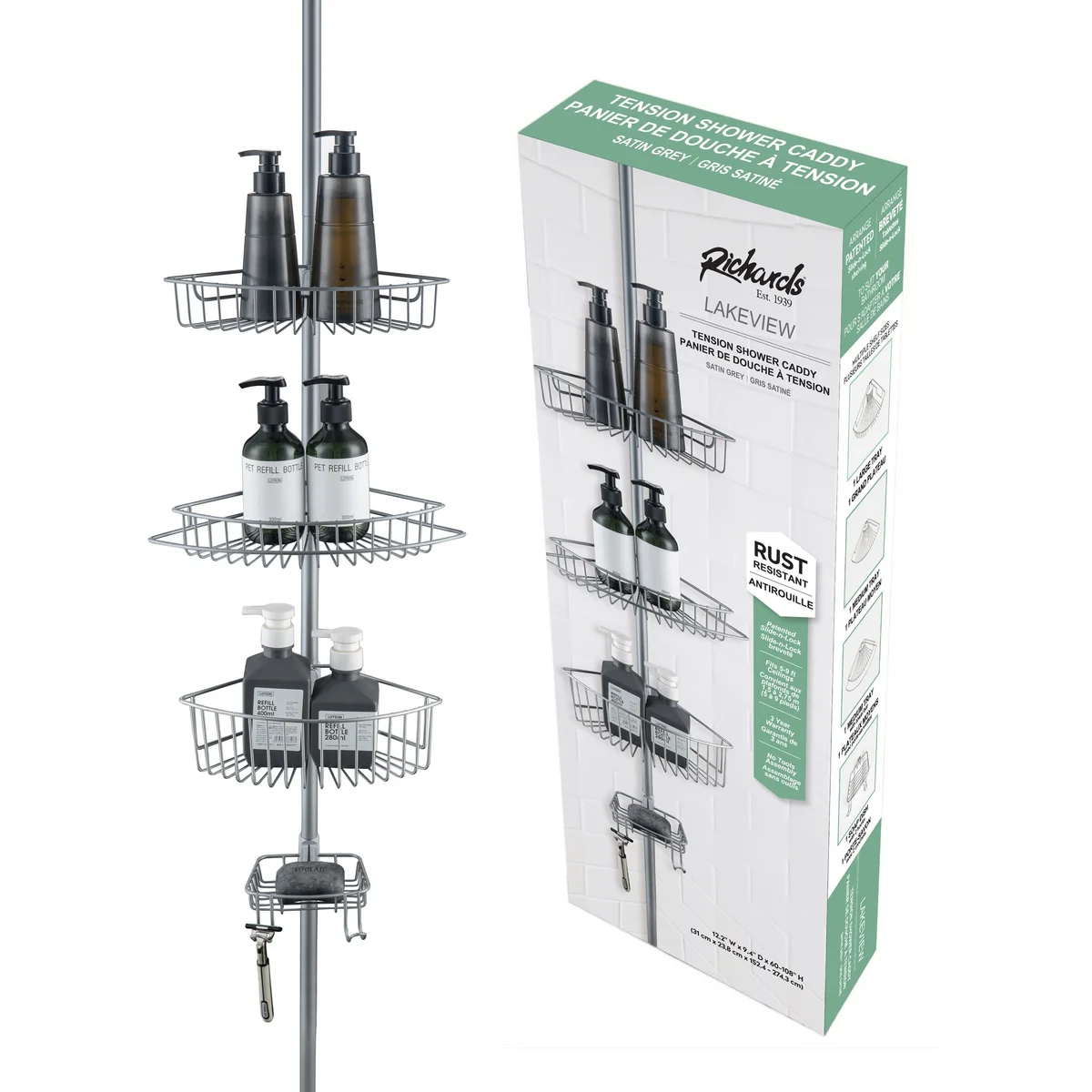 4 Tier Rustproof Shower Caddy Corner Organizer With Adjustable Shelves and Tension Pole