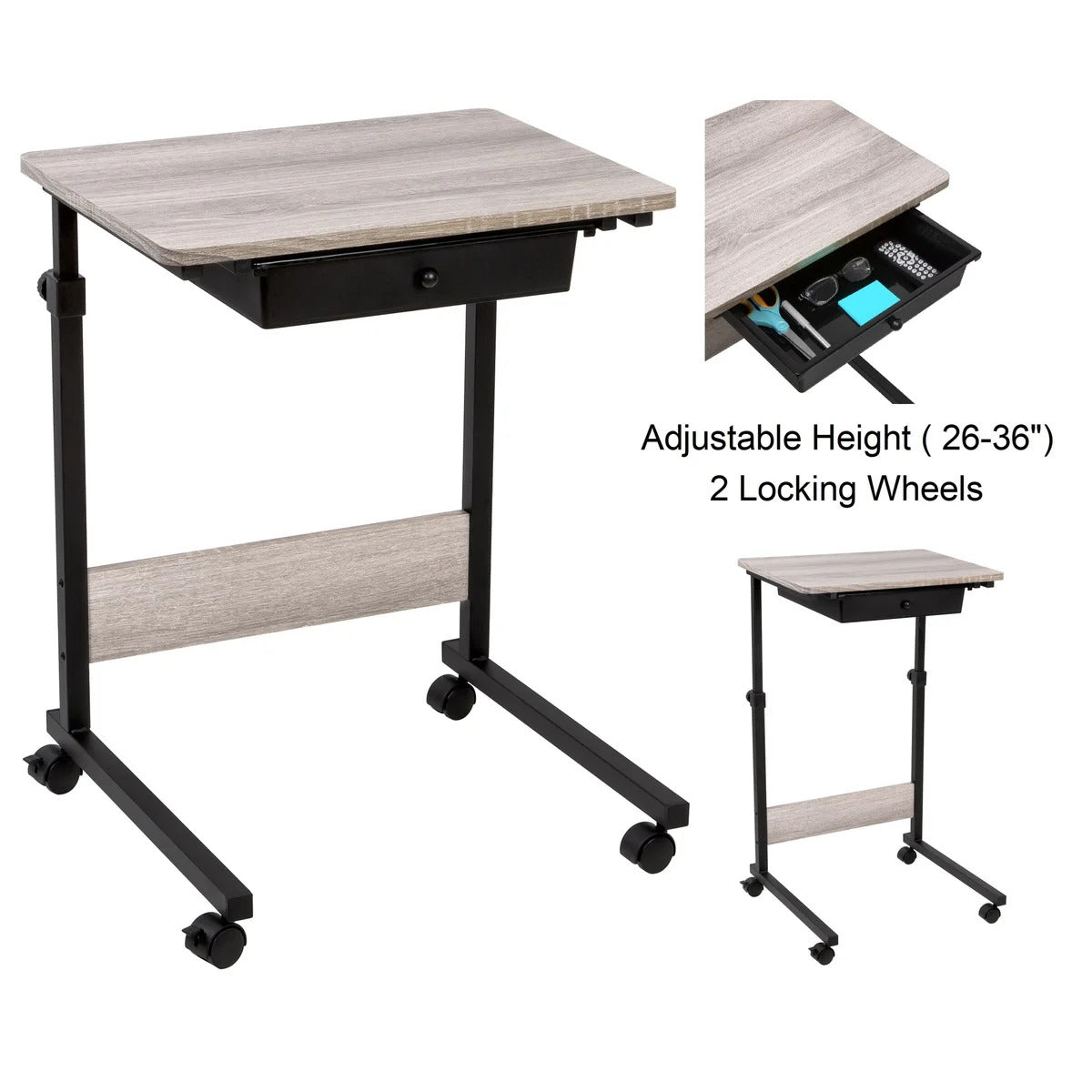 Adjustable Overbed Bedside Table with Wheels