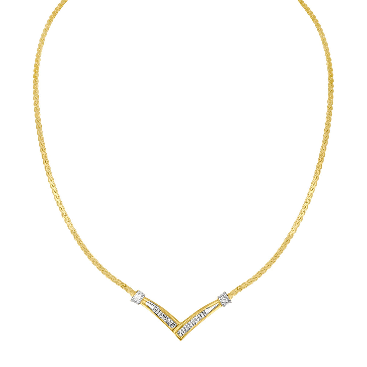 10K Yellow and White Gold 1/2 Cttw Princess Cut Diamond Channel-Set â€œVâ€ Shape 18" Franco Chain Necklace (H-I Color, SI2-I1 Clarity)