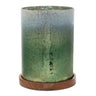 Green mercury glass candle holder with wood base 8.5"h