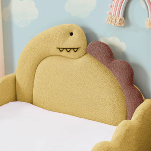 Twin Size Cute Dinosaur-Shaped Kids Bed with Safety Guardraild, Solid Wood Toddler Bed Frame for Children for Bedroom, Boucle Fabric