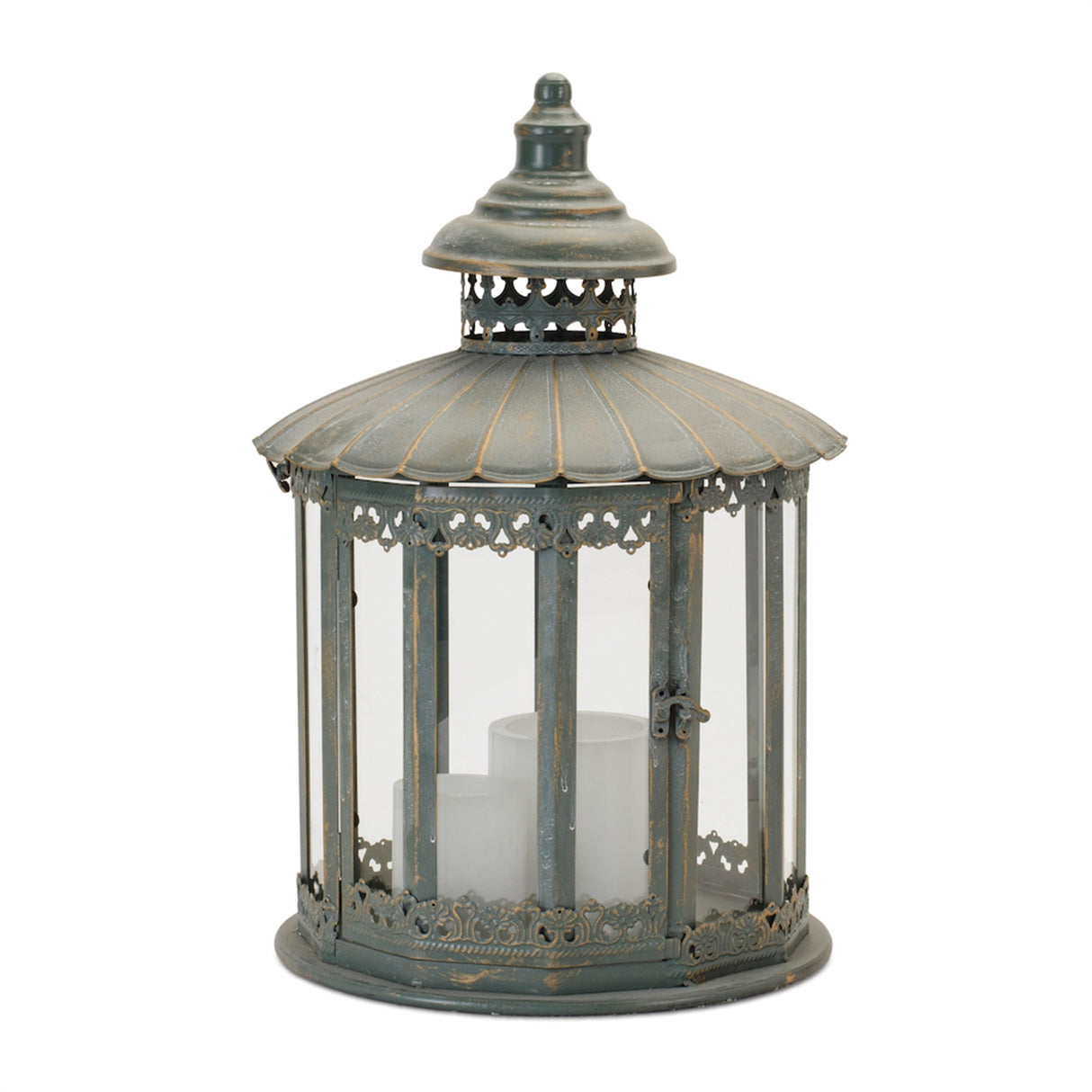 Ornate round brushed metal lantern 20"h