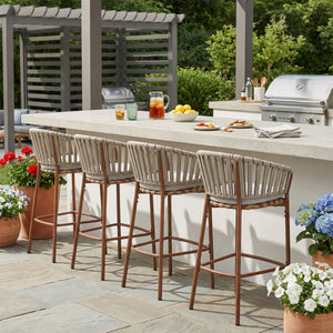 Lodi Outdoor Metal Rope Barstool, Teak Finished Frame and Beige Cushion, Set of 4