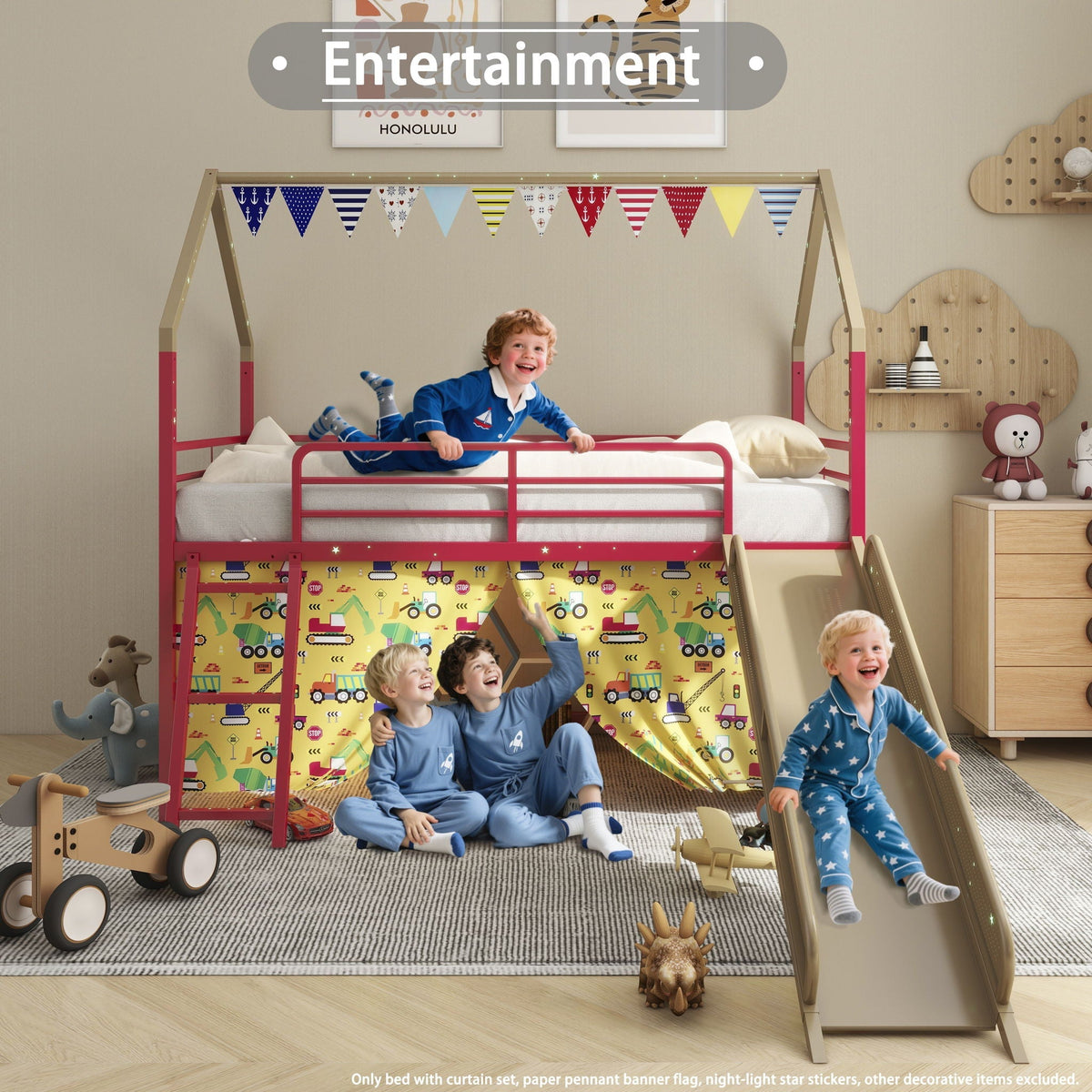 Jack - House Loft Bed With Slide And Curtain Set