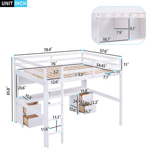 Loft Bed With Desk, Cabinets, Drawers, Charging Station And Bedside Tray