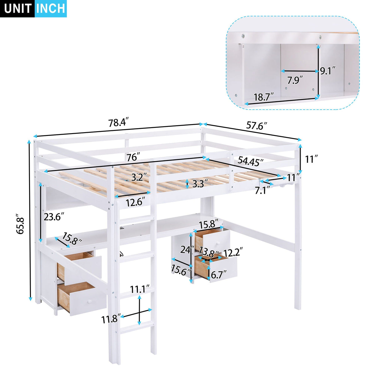 Loft Bed With Desk, Cabinets, Drawers, Charging Station And Bedside Tray