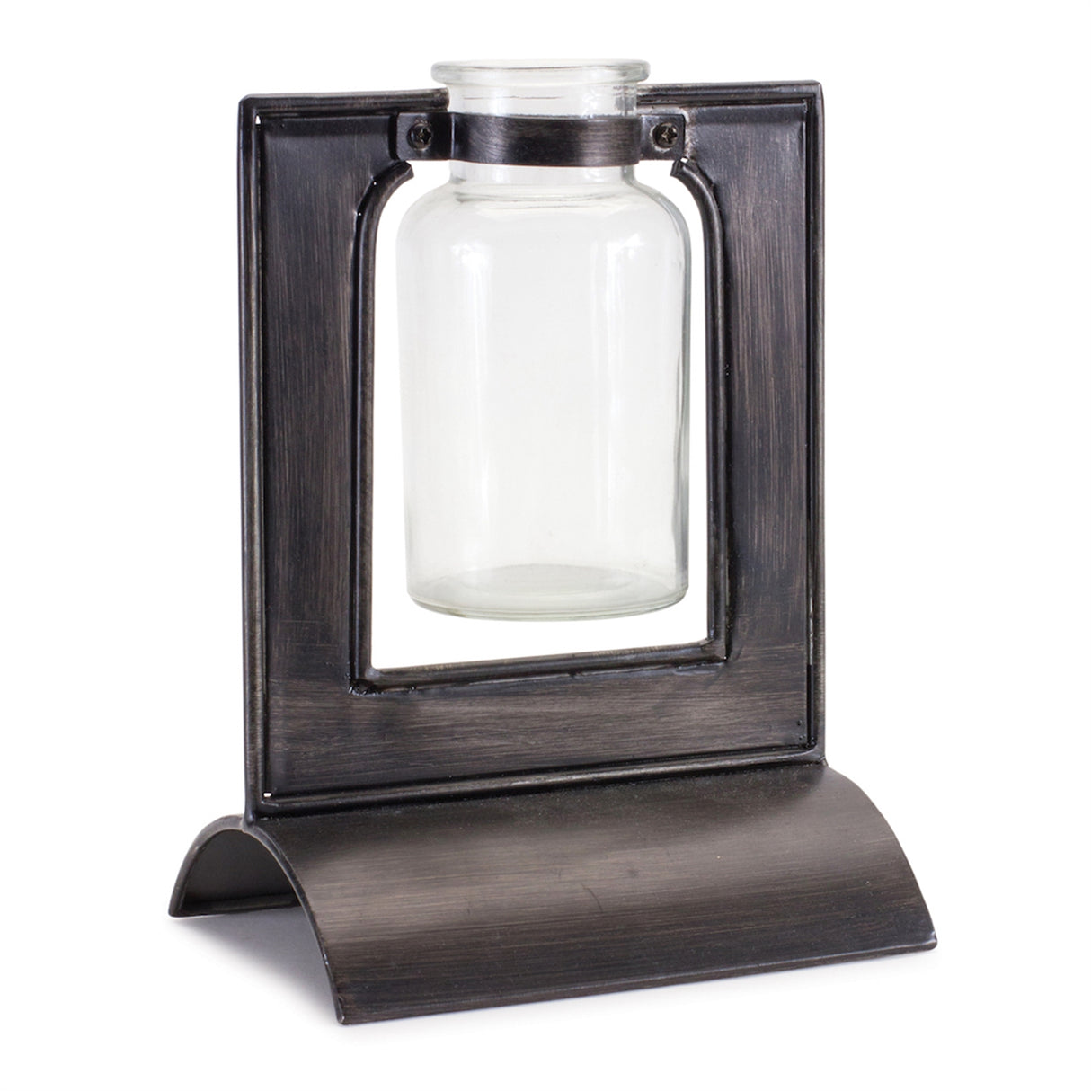 Glass bottle vase in holder 8"h