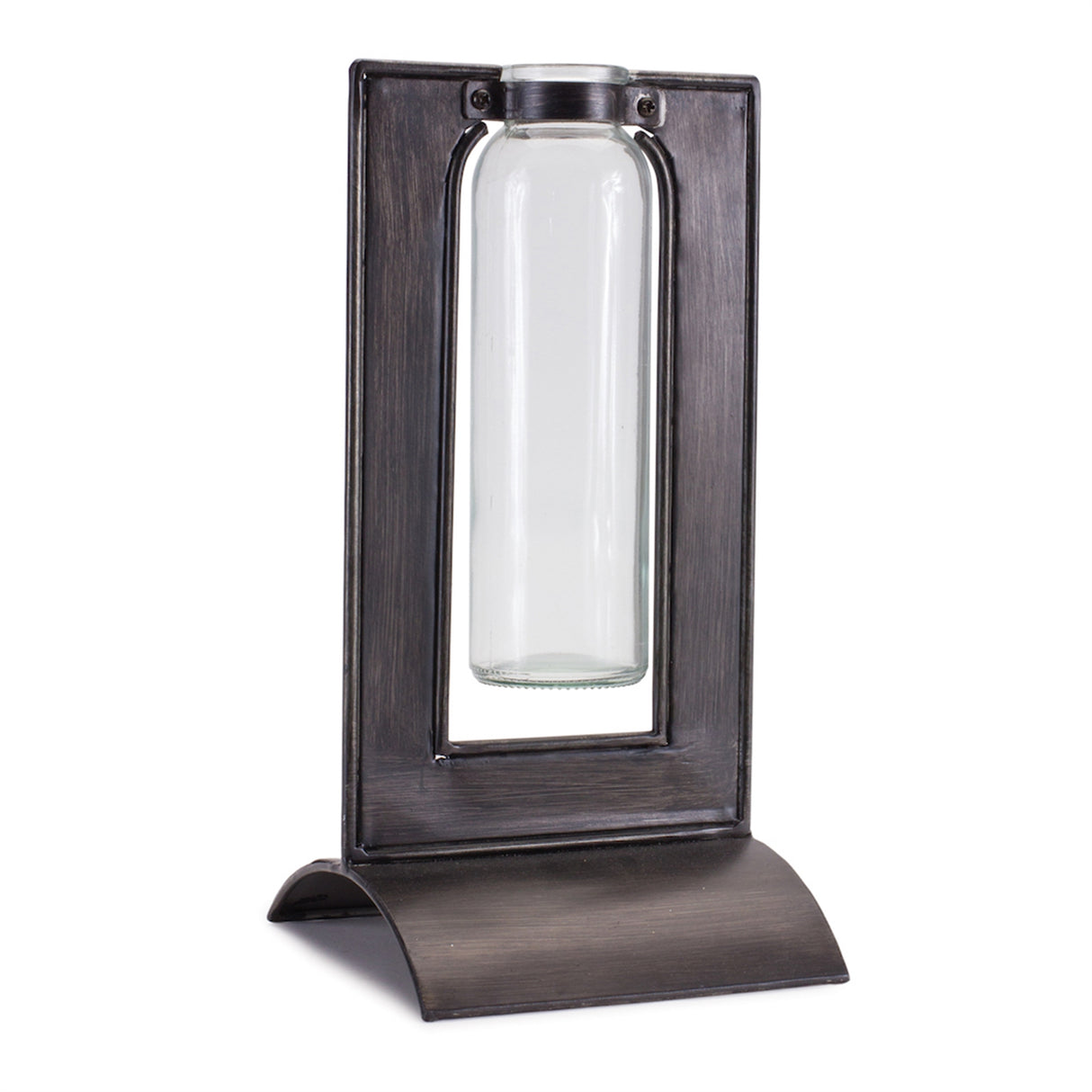 Glass bottle vase in metal holder 8"h