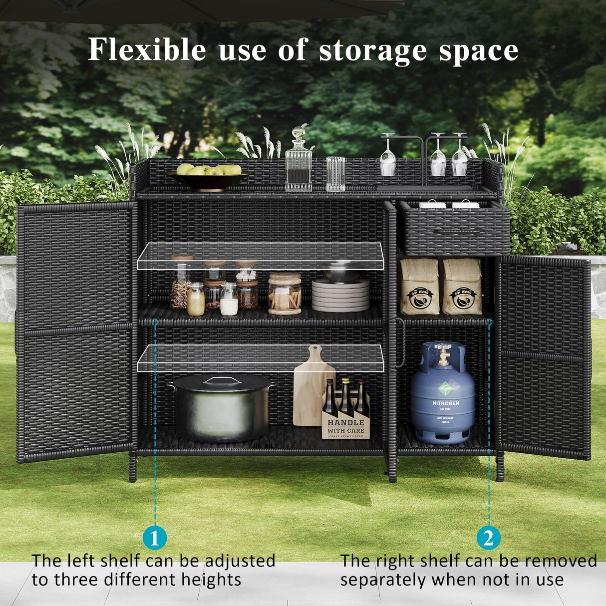 K&K 47.5"W Wicker Outdoor Storage Cabinet with Tempered Glass Desktop