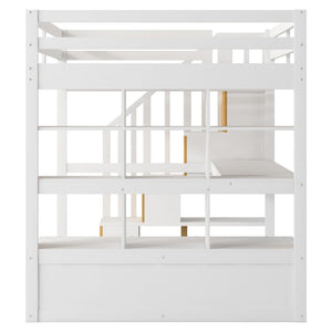 Full Size Loft Bed With Desk And Shelves, 2 Built In Drawers, Storage Staircase - White