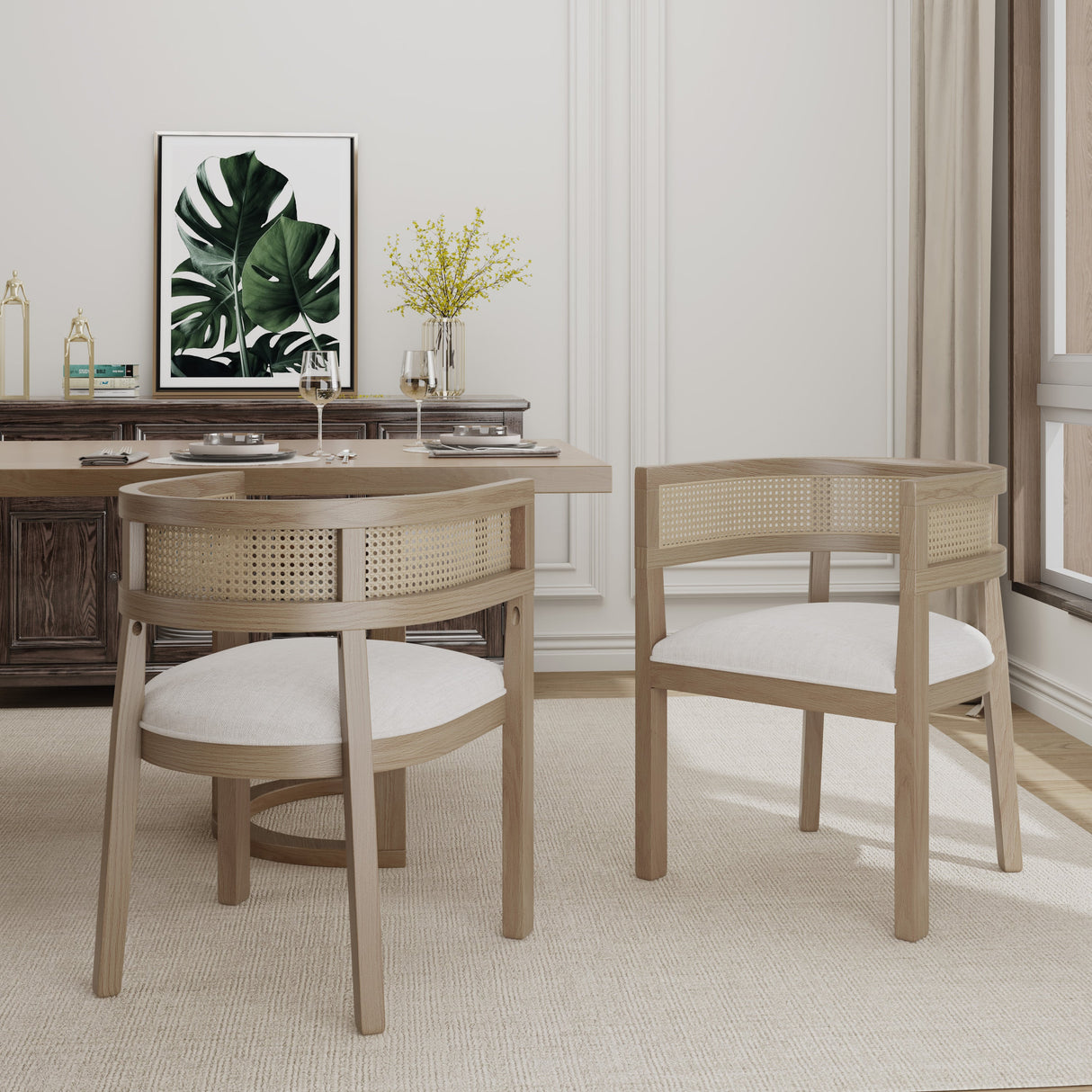 Barrel Dining Chair with Rattan Back, Set of 2