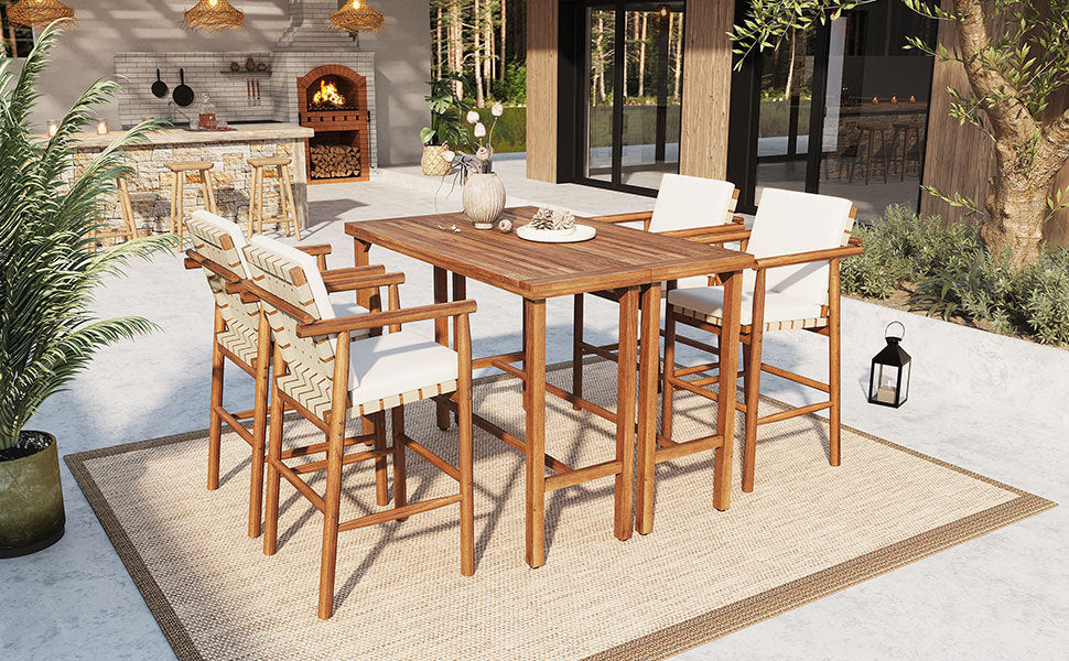 6 Piece Outdoor Bar Set with Acacia Wood Table & Cushioned Stools