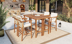 6 Piece Outdoor Bar Set with Acacia Wood Table & Cushioned Stools