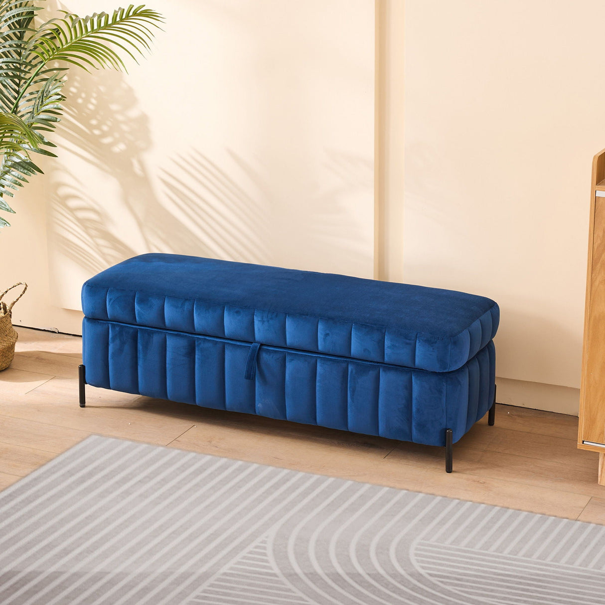 Wide Upholstered Storage Soft Bench Ottoman With Metal Legs