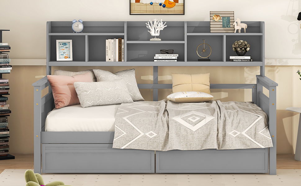 Daybed, Slat Support, With Bedside Shelves And 2 Drawers