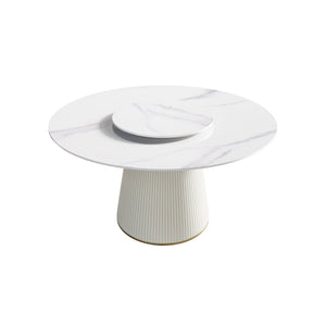 Modern Artificial Stone Round Plywood Base Dining Table, Can Accommodate 6 People, Artificial Stone Turntable (Not Including Chairs) - White / Beige