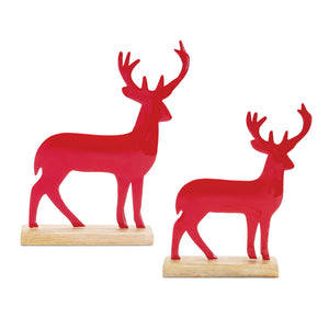 Metal Deer Silhouette with Wood Base (Set of 2, red)